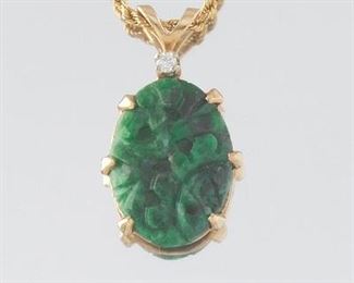 Ladies Gold, Jade and Diamond Pendant on Chain 