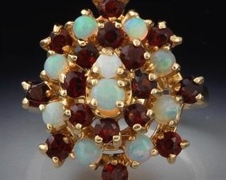 Ladies Gold, Opal and Garnet Cluster Ring 