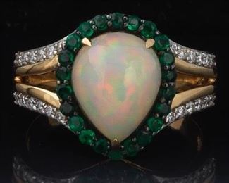 Ladies Gold, Opal, Emerald and Diamond Cocktail Ring 