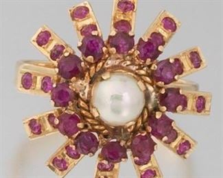 Ladies Gold, Pearl and Ruby Cocktail Ring 