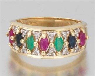 Ladies Gold, Ruby, Blue Sapphire, Emerald and Diamond Band 