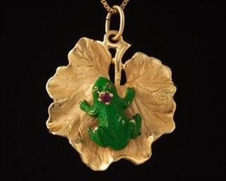 Ladies Gold, Ruby, Enamel Frog Prince Pendant on Chain 