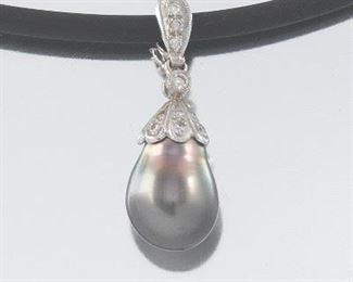 Ladies Gold, Tahitian Pearl and Diamond Pendant on Cord 