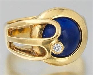 Ladies Italian Gold, Lapis Lazuli and Diamond Ring 