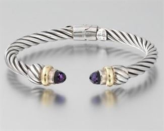Ladies Italian Gold, Sterling Silver and Amethyst Bangle 
