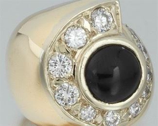 Ladies MidCentury Modern Gold, Cats Eye and Diamond Ring 