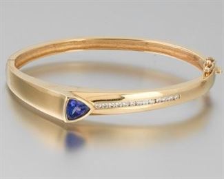 Ladies MidCentury Modern Gold, Tanzanite and Diamond Bangle 