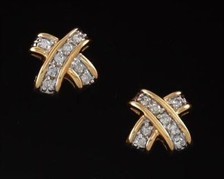 Ladies Pair Gold and Diamond X Design Earrings 