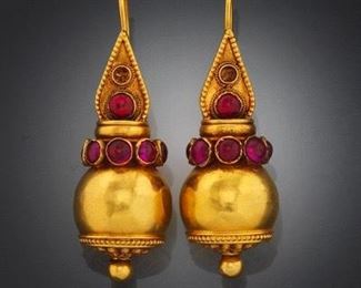 Ladies Pair of Etruscan Revival Gold and Ruby Glass Earrings 