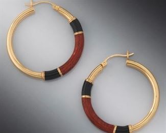 Ladies Pair of Gold and Enamel Hoops 