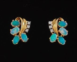 Ladies Pair of Gold, Opal and Diamond Earrings 