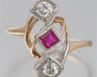 Ladies Retro Gold, Diamond and Lab Grown Ruby Bypass Ring 
