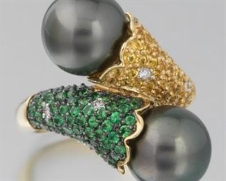Ladies Sapphire, Tsavorite, Diamond, and Tahitian Pearl Ring 