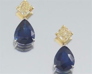 Ladies Spectacular Pair of Platinum, Gold, 2.11 Ct and 2.09 ct Natural Fancy Light Yellow Diamonds, Ceylon 9.98 ct and 8.86 ct Natural Blue Sapphires, Two GIA and Two AGL Reports 