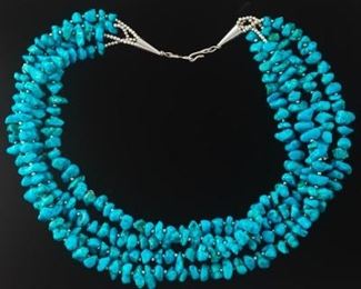 Ladies Sterling Silver and Tumbled Turquoise Bead FourStrand Necklace 