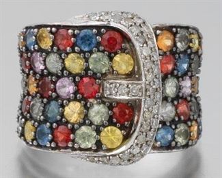 Ladies Sterling Silver, Diamond and Multicolor Gemstone Buckle Ring