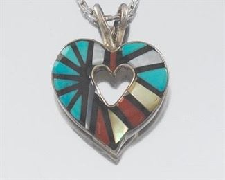 Ladies Sterling Silver, Turquoise, Coral, Black Onyx and Mother of Pearl Heart Pendant 