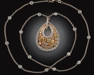 Ladies TwoTone Gold, Color and White Diamonds Pendant on a DiamondsbytheYard Gold Chain 