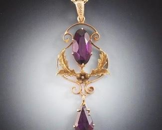 Ladies Victorian Gold and Amethyst Pendant on Chain 