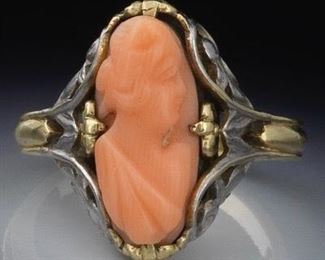 Ladies Victorian Gold and Angel Skin Coral Cameo Carved Ring 