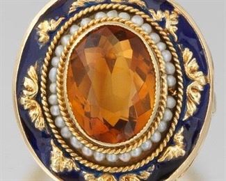 Ladies Victorian Gold, Amber Citrine, Seed Pearl and Enamel Ring 