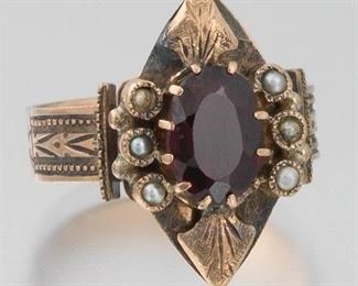 Ladies Victorian Gold, Garnet and Seed Pearl Navette Ring 
