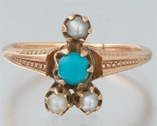 Ladies Victorian Gold, Seed Pearl and Turquoise Color Bead Ring 