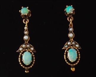 Ladies Victorian Pair of Gold, Opal and Seed Pearl Earrings 