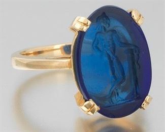 Ladies Victorian Style Gold and Intaglio Carved Blue Sapphire Glass Ring 