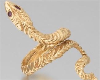 Ladies Vintage Gold and Garnet Coiled Serpent Flex Ring 