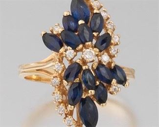 Ladies Vintage Gold, Blue Sapphire and Diamond Cocktail Bypass Ring 