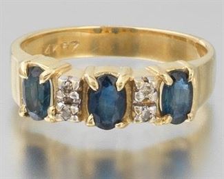 Ladies Vintage Gold, Blue Sapphire and Diamond Band 