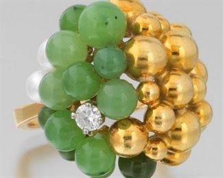 Ladies Vintage Gold, Green Nephrite Jade, Pearl and Diamond Cluster Ring 