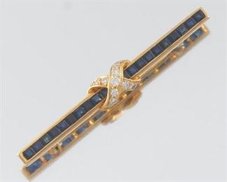 Ladies Vintage Gold, Blue Sapphire and Diamond Bar Pin 