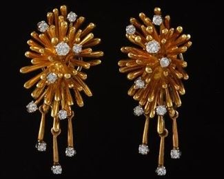 Ladies Vintage Pair of Gold and Diamond Fireworks TwoinOne Earrings with Dangles 