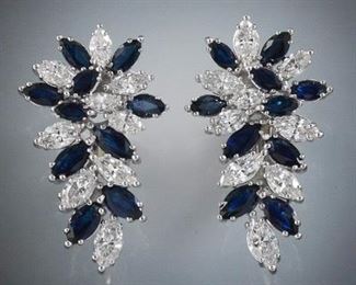 Ladies Vintage Pair of Gold, Diamond and Blue Sapphire Cascade Earrings 