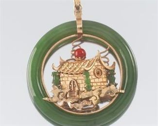 Large Chinese Jade and Gold Pendant 