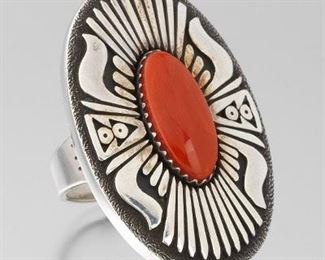Marco Begaye Native American Sterling and Coral Artisan Ring
