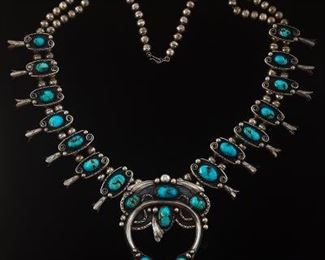 Navajo Silver and Turquoise Squash Blossom Necklace 