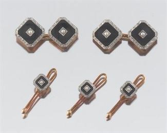 Onyx, Gold and Pearl Cufflinks and Dress Set