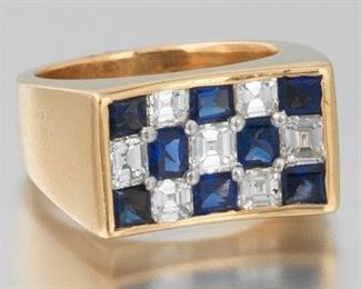 Oscar Heyman Bros. Gold, Platinum, Diamond and Blue Sapphire Checker Board Ring 