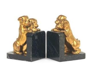Pair of Art Deco Gilt Bronze and Mixed Metals Puppy Bookends