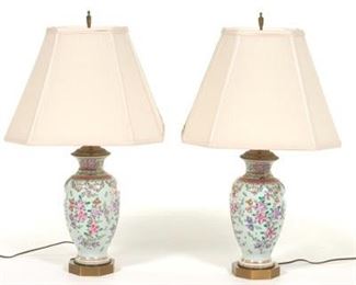 Pair of Chinese Export Porcelain Vase Lamps with Shades 