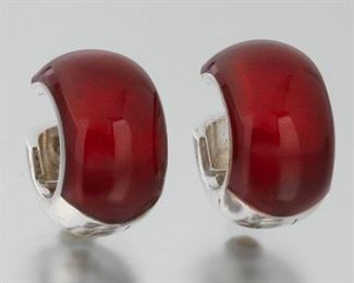 Pair of Enamel and Sterling Silver Huggie Earrings 