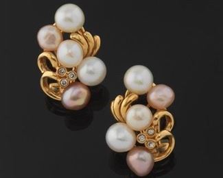 Pair of Gold, Pearl, and Diamond Earrings 