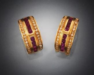 Pair of Gold, Ruby and Diamond Earrings 