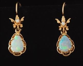 Pair of Opal Teardrop Earrings, 14k Gold