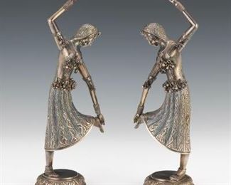 Pair of Mirror Image Indian Silver Dancer Sculptures 