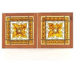 Pair of Painted Leaded Glass Window Panels