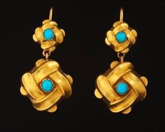 Pair of Victorian Gold and Turquoise Earrings 